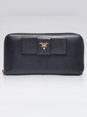 PRADA Large Black Saffiano Leather Zip Around Wallet with Bow